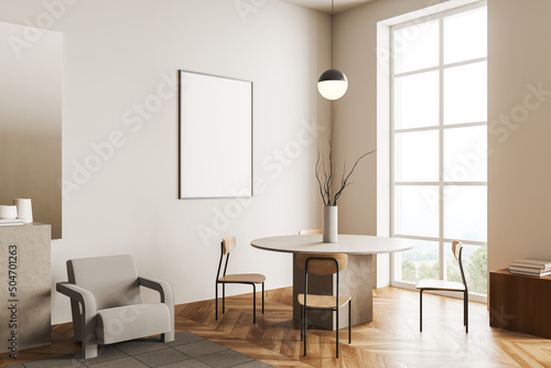 Light eating room interior with table and seats, window and mockup frame