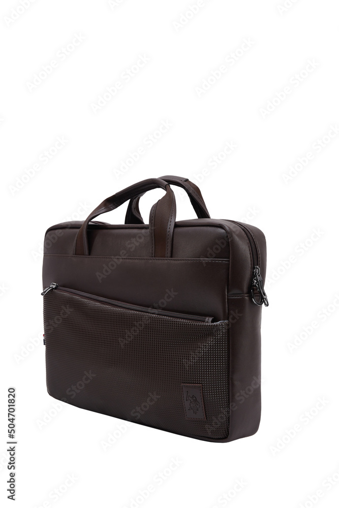 Stylish, fashionable brown briefcase made of genuine leather on an isolated white background Stylish, fashionable brown briefcase made of genuine leather on an isolated white background