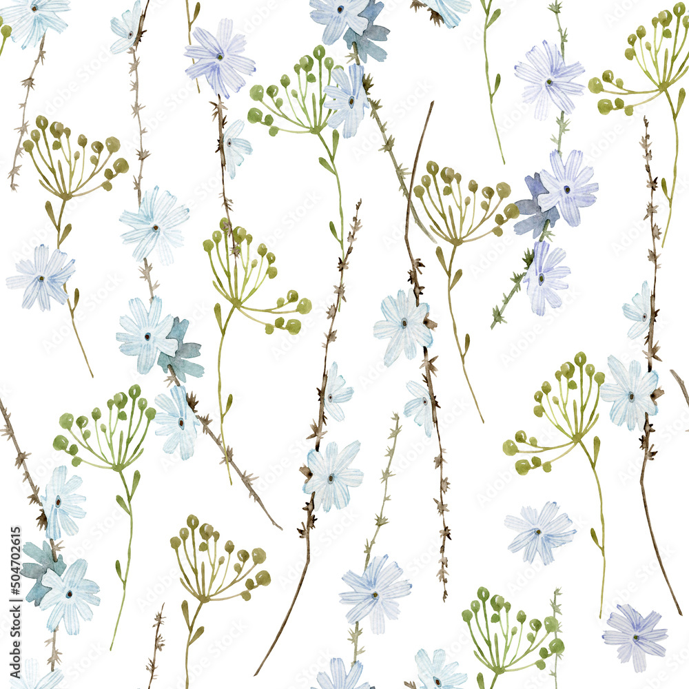 Watercolor blue chicory flowers floral seamless pattern. Hand drawn elegant, delicate botanical background. Repeatable texture, wrapping paper, stationery, wallpaper,  fabric, paper, textile