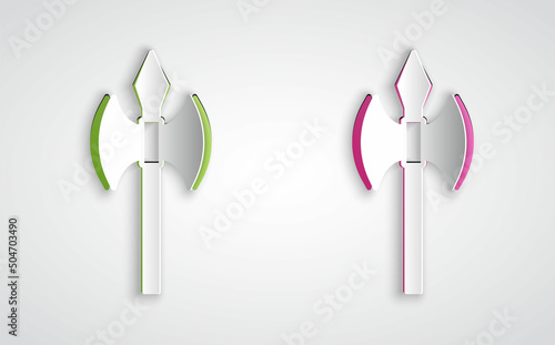 Paper cut Medieval axe icon isolated on grey background. Battle axe, executioner axe. Medieval weapon. Paper art style. Vector