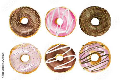 Watercolor set of six sweet donuts in pink and brown shocolate glaze. Sprinkles pink and chocolate donuts watercolor illustration isolated on white background