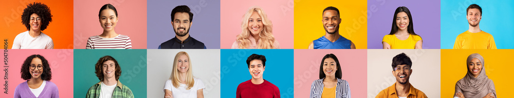Collage of diverse ethnicity young people, group headshots - obrazy, fototapety, plakaty 