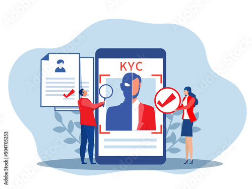 KYC or know your customer with business verifying the identity of its clients concept at the partners-to-be through a magnifying glass vector illustrator