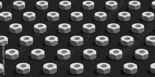 Nuts lie on the surface in a staggered order on a black background. 3D render pattern isolated illustration. Banner size.