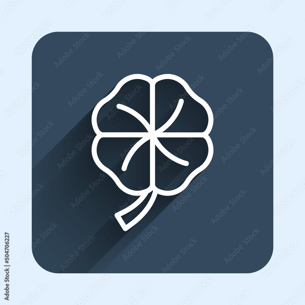 White line Four leaf clover icon isolated with long shadow background. Happy Saint Patricks day. National Irish holiday. Blue square button. Vector White line Four leaf clover icon isolated with long shadow background. Happy Saint Patricks day. National Irish holiday. Blue square button. Vector