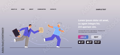 businessman running away from man employee with claim form paper document avoiding business expenses concept