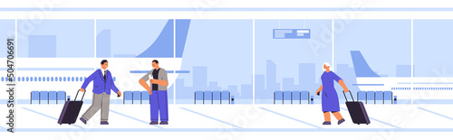 passengers with baggage walking at modern airport terminal waiting hall departure lounge interior traveling concept
