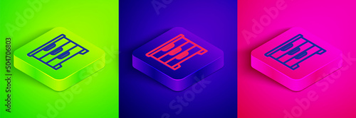 Isometric line Chest of drawers icon isolated on green, blue and pink background. Square button. Vector