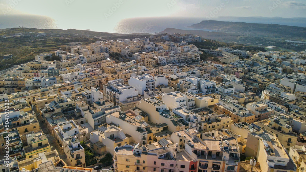 Aerial view of Mellieha cityscape from drone, Malta