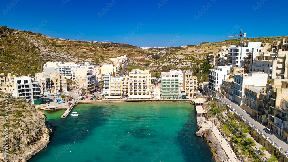 Aerial view of beautiful Xlendi Bay from drone, Gozo