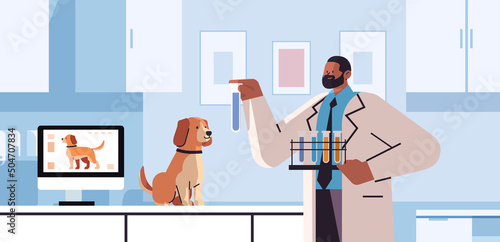 scientist or veterinary worker doing experiments in lab with experimental dog biological genetic engineering research