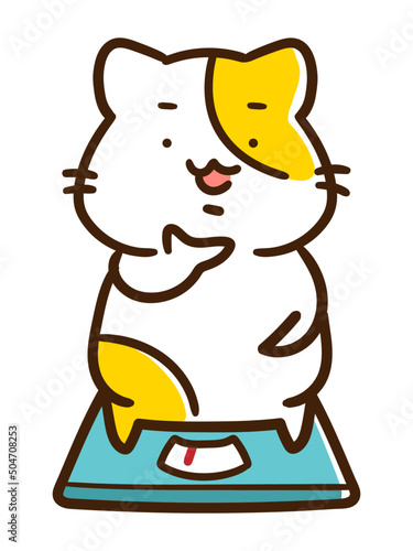 太って体重を気にするデブねこのキャラクターの手書き風イラスト