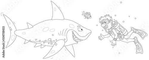 Funny scuba diver with a mask, flippers and an aqualung suddenly met a merry great white shark in a tropical sea, black and white vector cartoon illustration for a coloring book