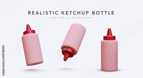 Set of 3d realistic ketchup bottle in different position isolated on white background. Vector illustration