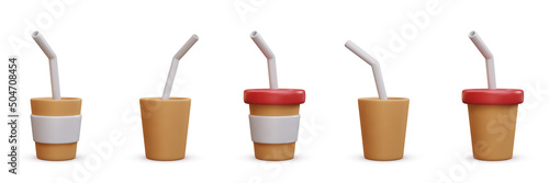 Set of 3d realistic brown coffee cups isolated on white background. Vector illustration
