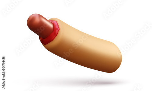 3d realistic flying french hot dog with ketchup with shadow isolated on white background. Vector illustration