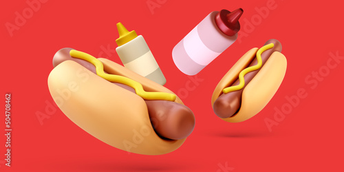 Fast food banner with 3d realistic flying hotdogs with ketchup and mustard isolated on red background. Vector illustration