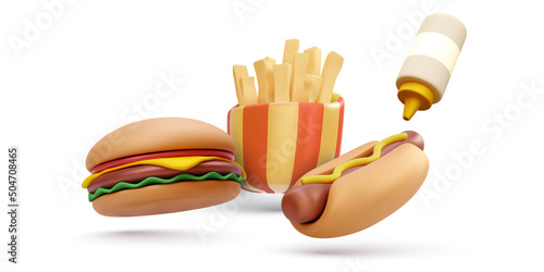 3d realistic fresh tasty burger, hotdog and french fries isolated on white background. Vector illustration