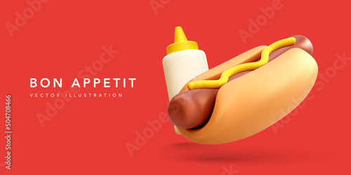 Bon appetit banner with 3d realistic hotdog and mustard bottle on red background. Vector illustration