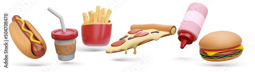 Set of 3d realistic render fast food elements icon set. Pizza slice, burger, french fries, coffee cup, hot dog, ketchup bottle isolated on white background. Vector illustration