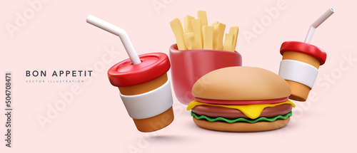 3d realistic render fast food banner with French fries and burger. Vector illustrator