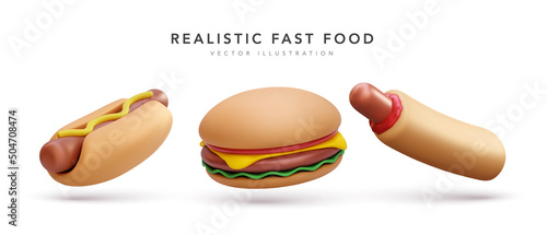 Set of realistic 3d flying burger and hotdogs isolated on white background. Vector illustration