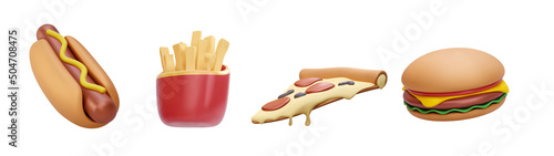 Set of 3d realistic render fast food elements icon set. Pizza slice, burger, french fries, hot dog isolated on white background. Vector illustration