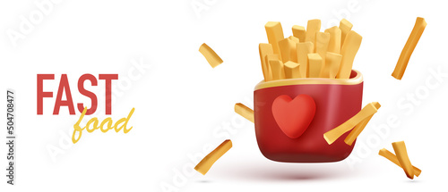 Fast food banner with 3d realistic French fries in love package. Vector illustration