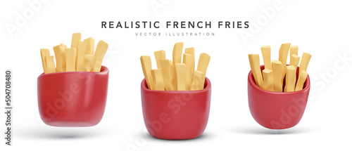 Set of 3d realistic render fries potatoes in red package. Vector illustration