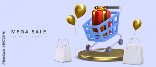 Mega sale promotion banner with 3d realistic cart with gift on platform and shopping bags and balloons. Vector illustration