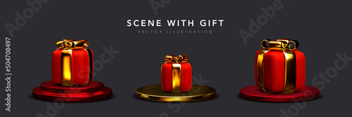 Collection of 3d realistic red gift on podium isolated on dark background. Vector illustration