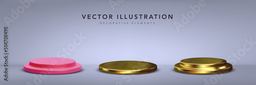 Set of gold and red realistic 3d cylinder pedestal podium with shadow. Vector illustration