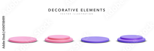 Set of 3d realistic pink and purple cylinder pedestal podium with shadow isolated on white background. Vector illustration