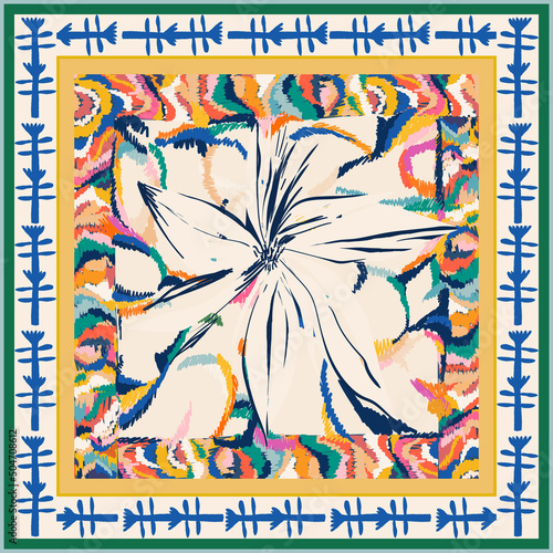 Scarf modern ethnical style design with artistic flower illustration. Abstract fashionable vector template for your design.