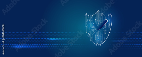Shield icon, future technology for verification. Abstract high tech background. Data security system, information, or network protection. Cyber security and data protection.