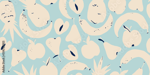 Hand drawn naive cute abstract fruit pattern. Collage contemporary print. Fashionable template for design.
Retro cartoon style.