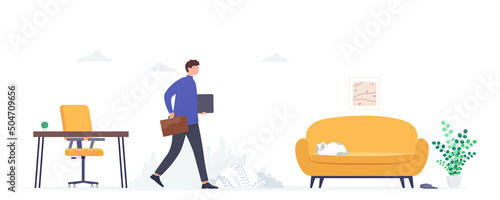 Concept choosing work remotely from home, office. Businessman in office clothes works both at home and in  office. Self-employment, freelancing, maximum productivity work results.