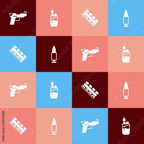 Set pop art Pistol or gun, Lighter, Hunting cartridge belt and Bullet icon. Vector