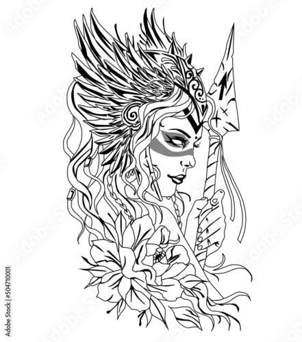 freyja goddess art for tattoo color art and black and white, mythology art female photo