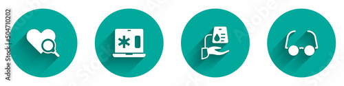 Set Medical heart inspection, Clinical record laptop, Blood donation and Glasses icon with long shadow. Vector