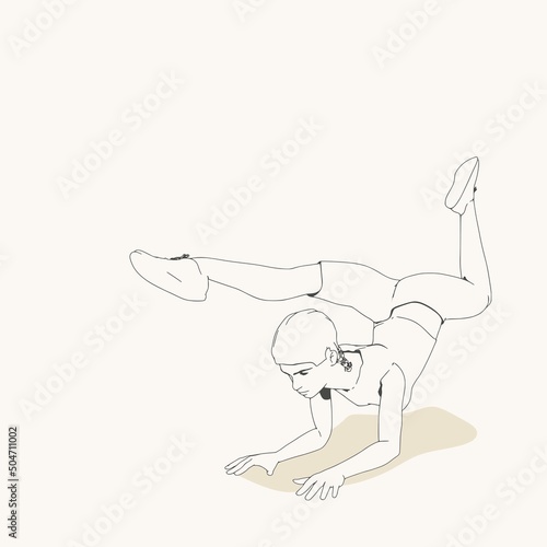 Young female workout. Sport girl doing stretching exercise. Casual sportwear - t-shirt, breeches and sneakers. Young woman wearing workout clothes. Sport fashion girl outline in urban casual style.