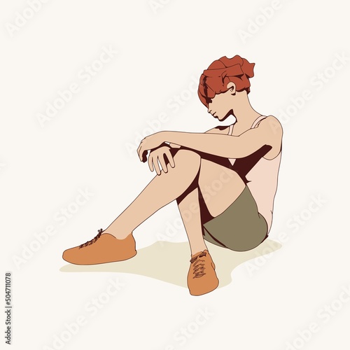 Beautiful woman resting after exercise. Sport girl illustration. Young woman wearing workout clothes. Sport fashion girl outline in urban casual style.