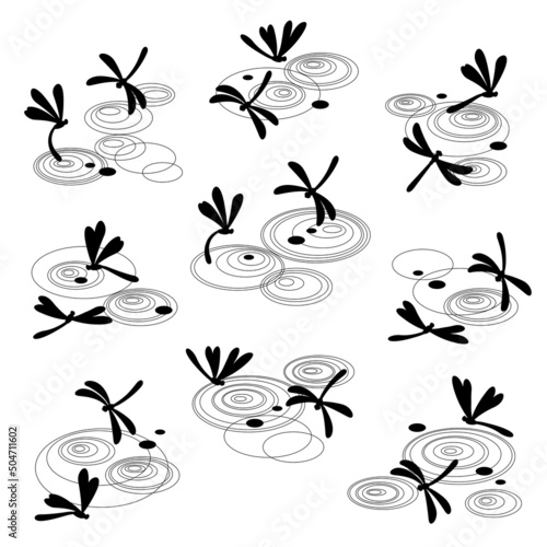 Illustration of a dragonfly flying on the surface of the water,