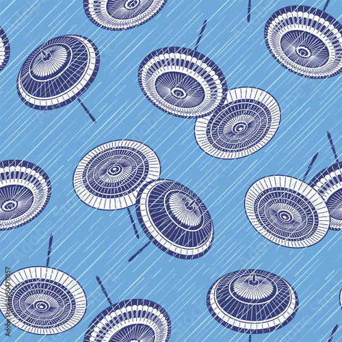 A seamless pattern of rain lines and Japanese umbrellas,