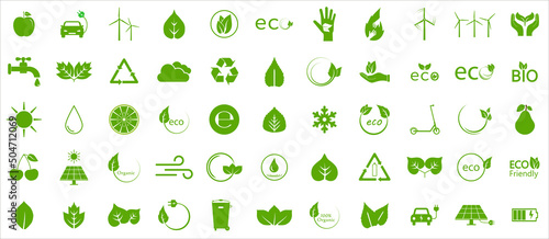 Eco green icons. Ecology icons set. Vector illustration. Flat design.