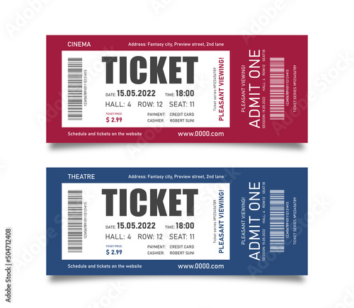 Cinema and theater tickets with text and barcode on red and blue background photo