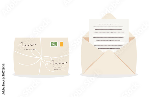 Closed and open envelope with cardboard label, stamps and handwritten paper letter. Letter mail delivery concept. Flat vector illustration envelope mail correspondence