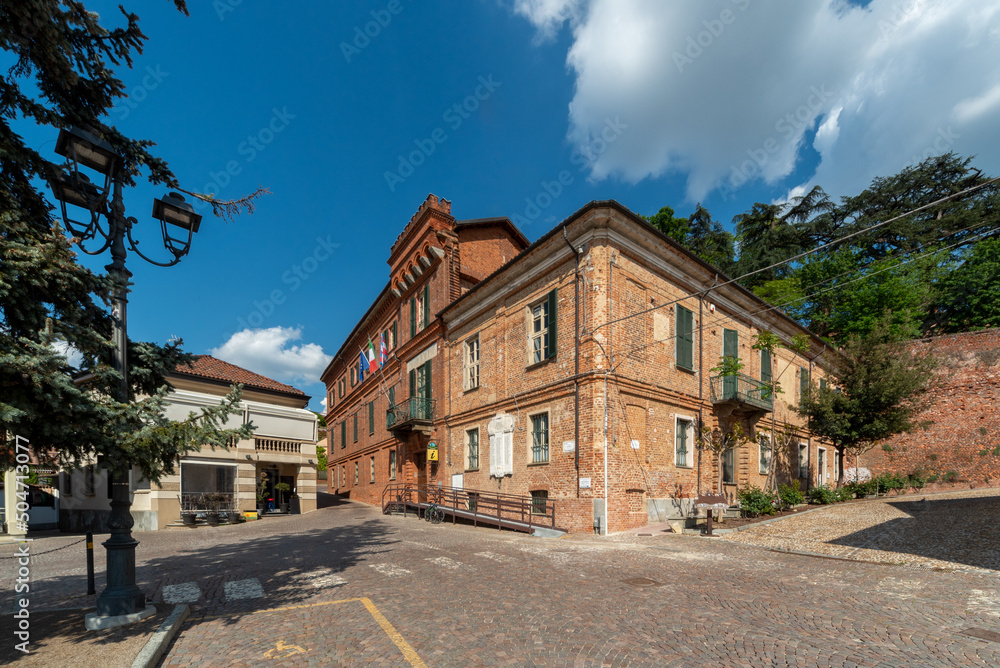 Sommariva del Bosco, Cuneo, Italy - May 01, 2022: the town hall building in Seyssel square