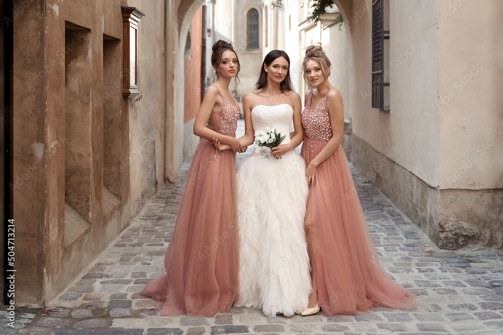 Beautiful bride and bridesmaids. Wedding day in old beautiful European city.