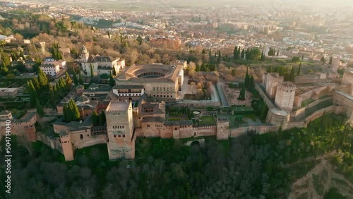 Alhambra, Granada, Spain. Great sunset aerial view of arabic fortress Alhambra in Granada.